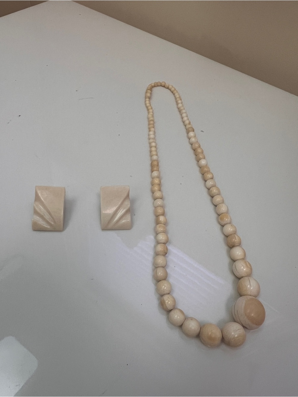 Beige bone Bead Necklace and Earring Set